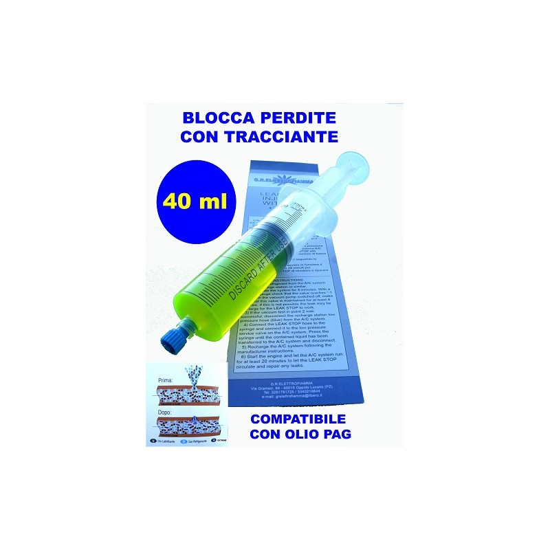 TURAFALLE A SIRINGA RICAMBIO CON TRACCIANTE 40ml BLOCCA PERDITE GAS AUTO R134A FRIGO