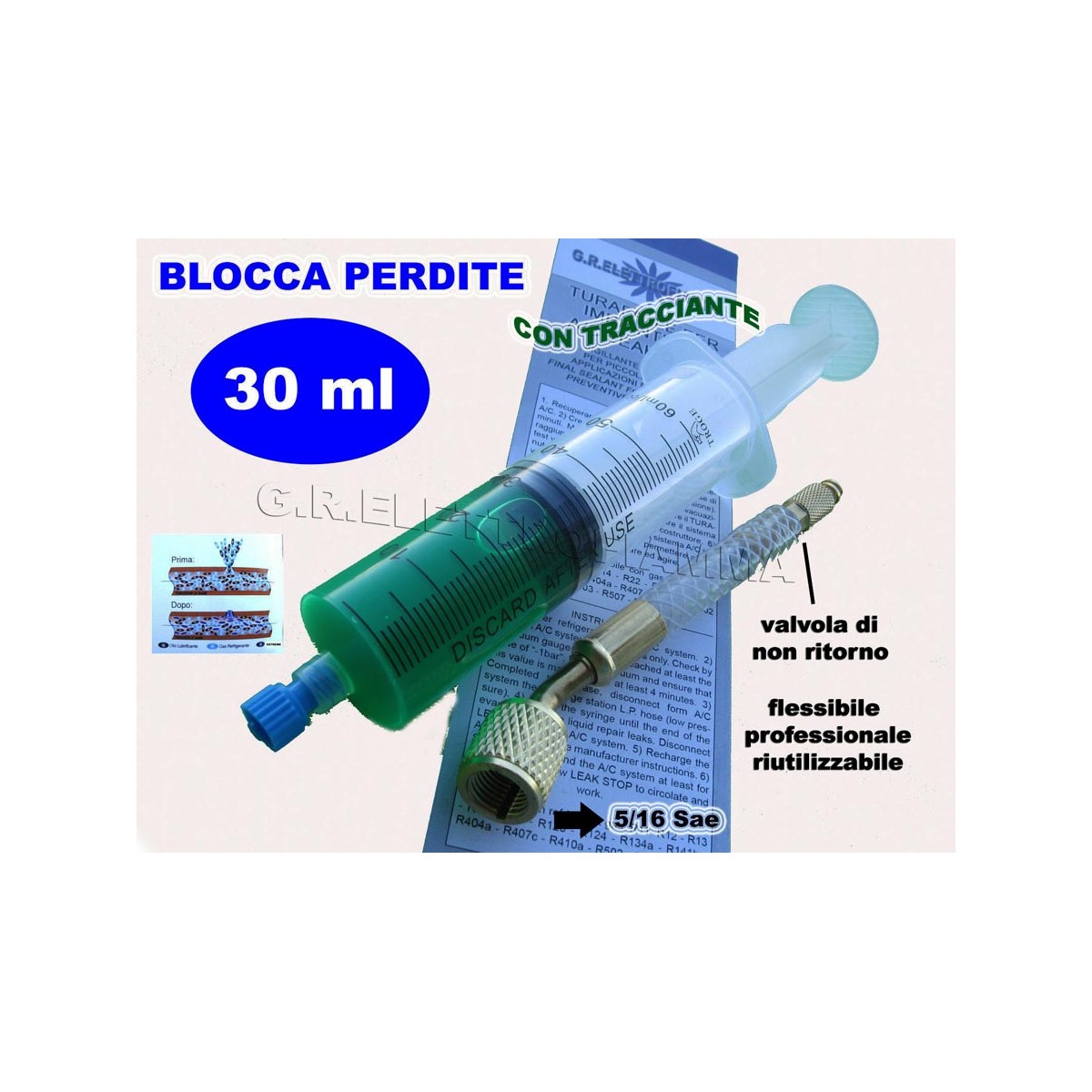 TURAFALLE A SIRINGA 30ml BLOCCA PERDITE GAS R410A R32 CONDIZIONATORE RACC. 5/16