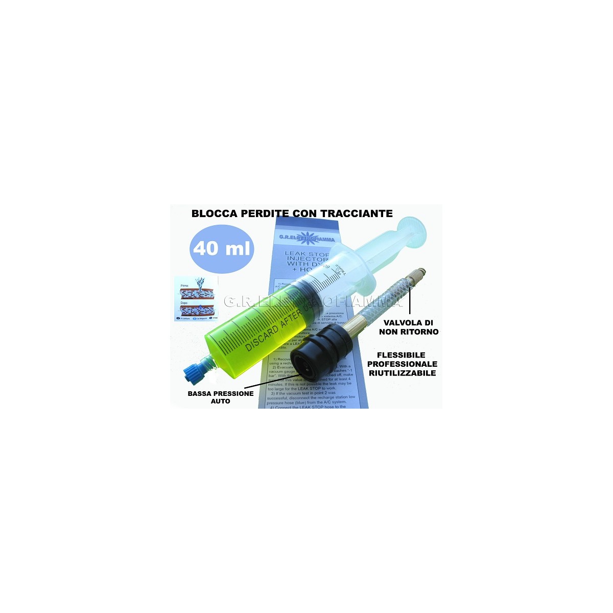 TURAFALLE A SIRINGA BLOCCA PERDITE CONDIZIONATORE FRIGO AUTO 40ML+FLEX